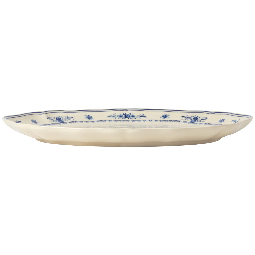side view of costa nova vila beige and blue oval platter