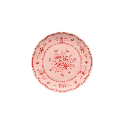 costa nova vila pink salad plate with red center flower and red detailing on the edge