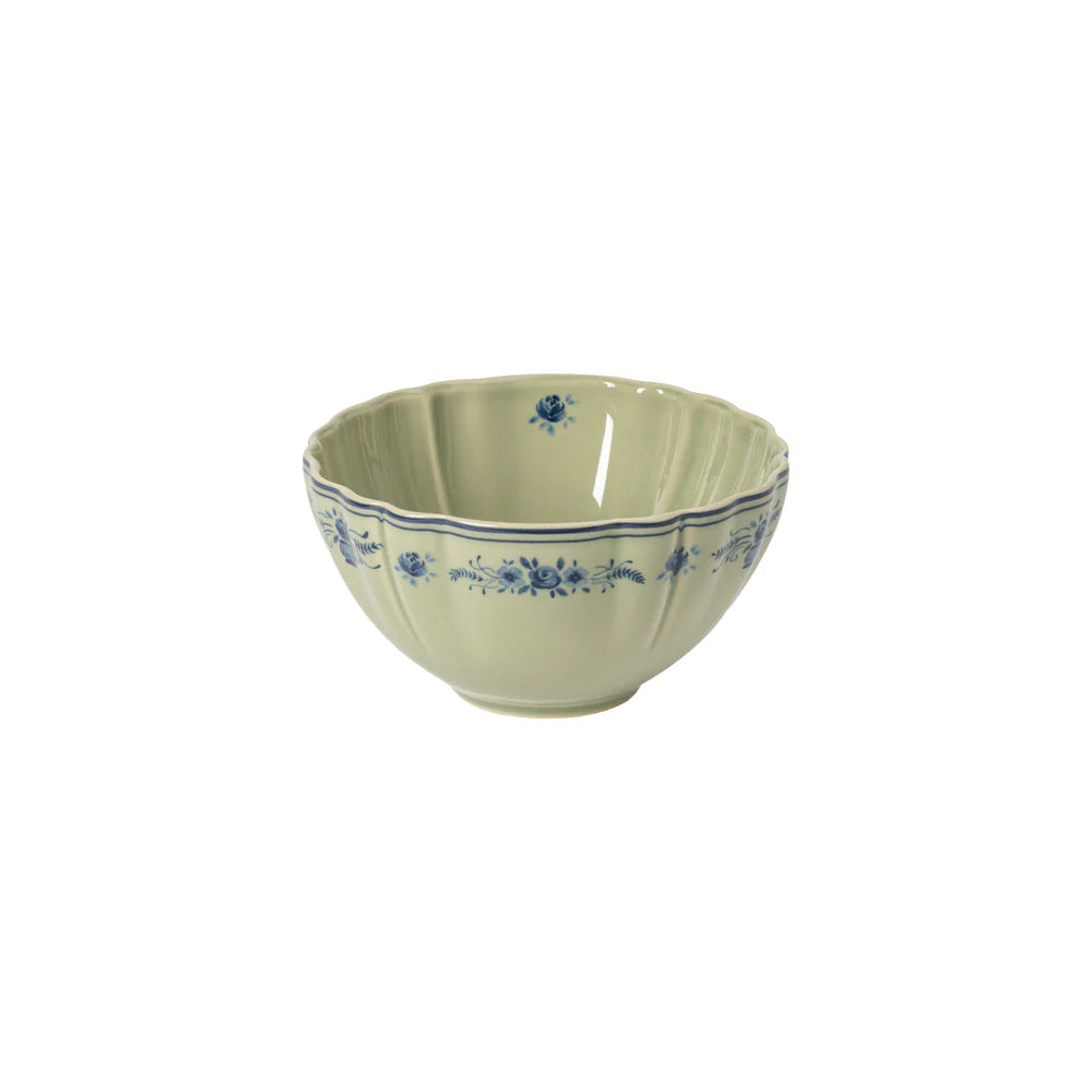 costa nova vila olive green cereal bowl with blue detailing on the edge