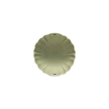 top view of costa nova vila olive green cereal bowl with blue floral design