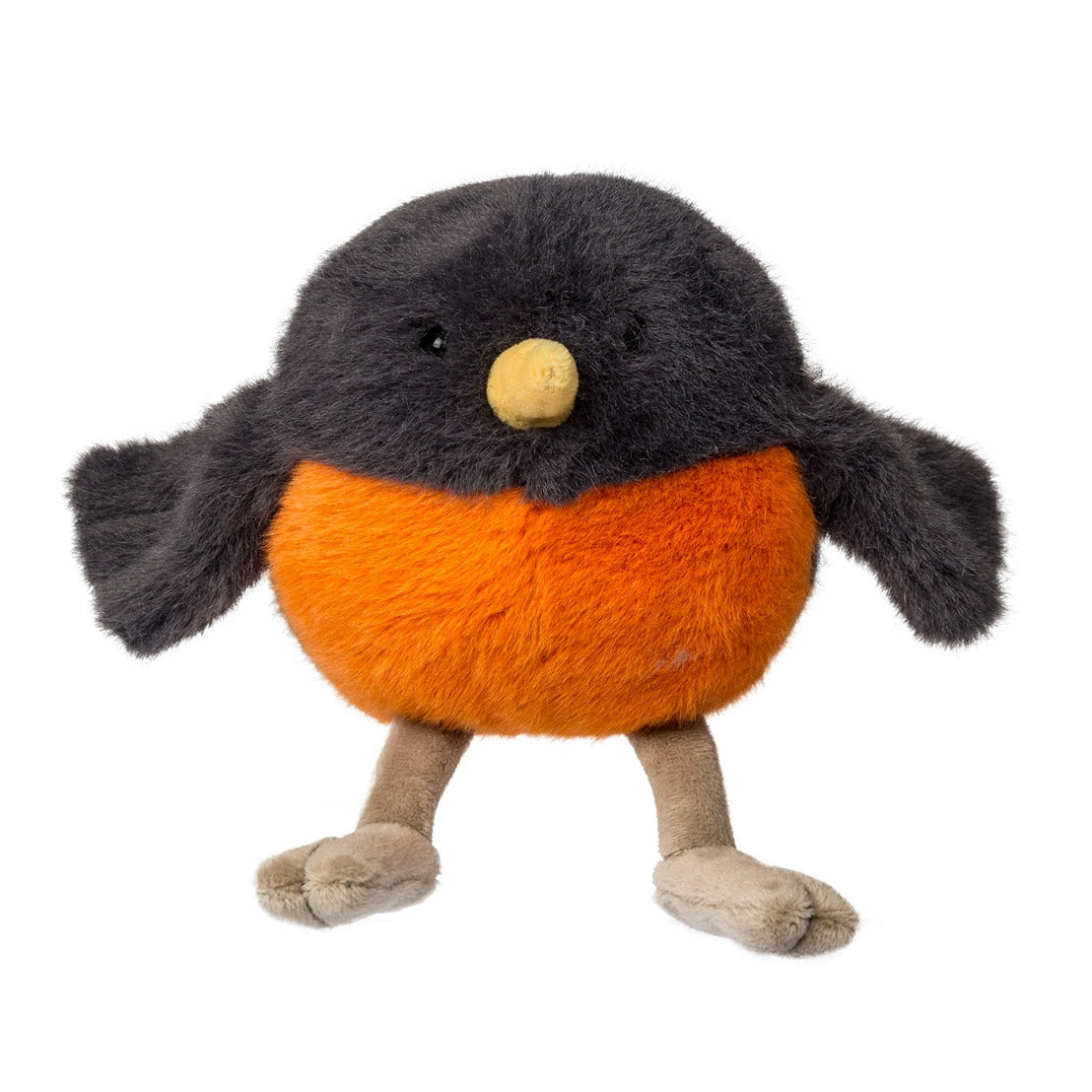 Stuffed toy bird with orange belly and black head on a white background