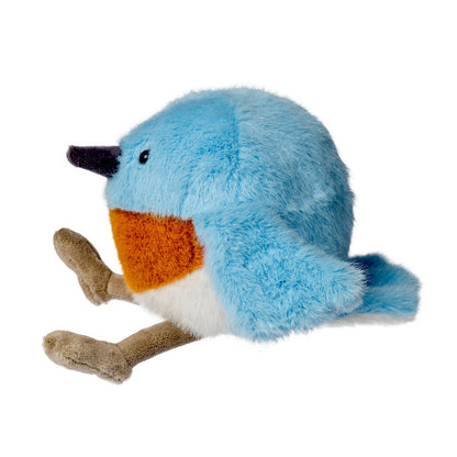 side view of blue bird plush toy on a white background