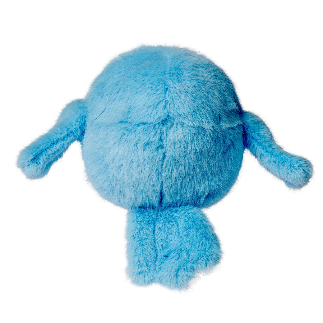 back view of blue bird plush toy on a white background