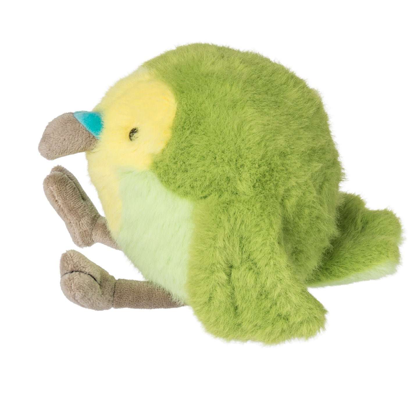 Green bird plush toy with a yellow face on a white background