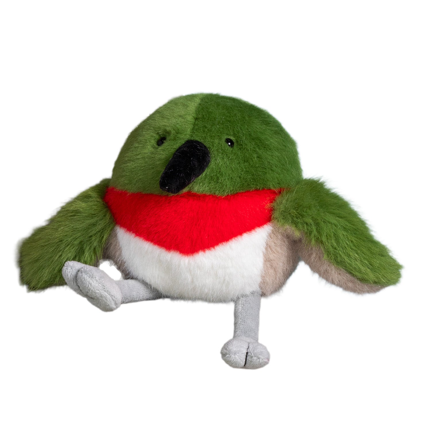 Plush toy resembling a green bird with a red chest on a white background