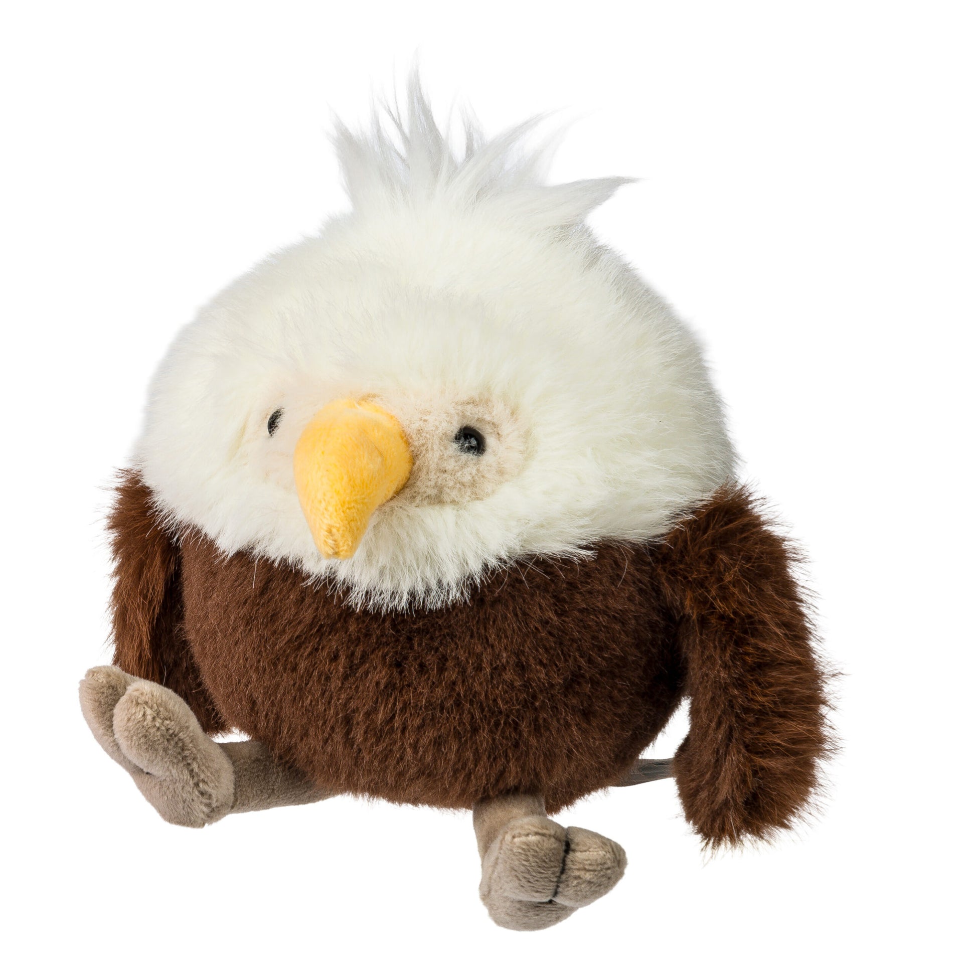 Plush toy eagle with brown body, white head, and yellow beak on a white background