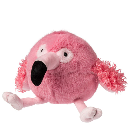 Pink plush flamingo toy on a white background