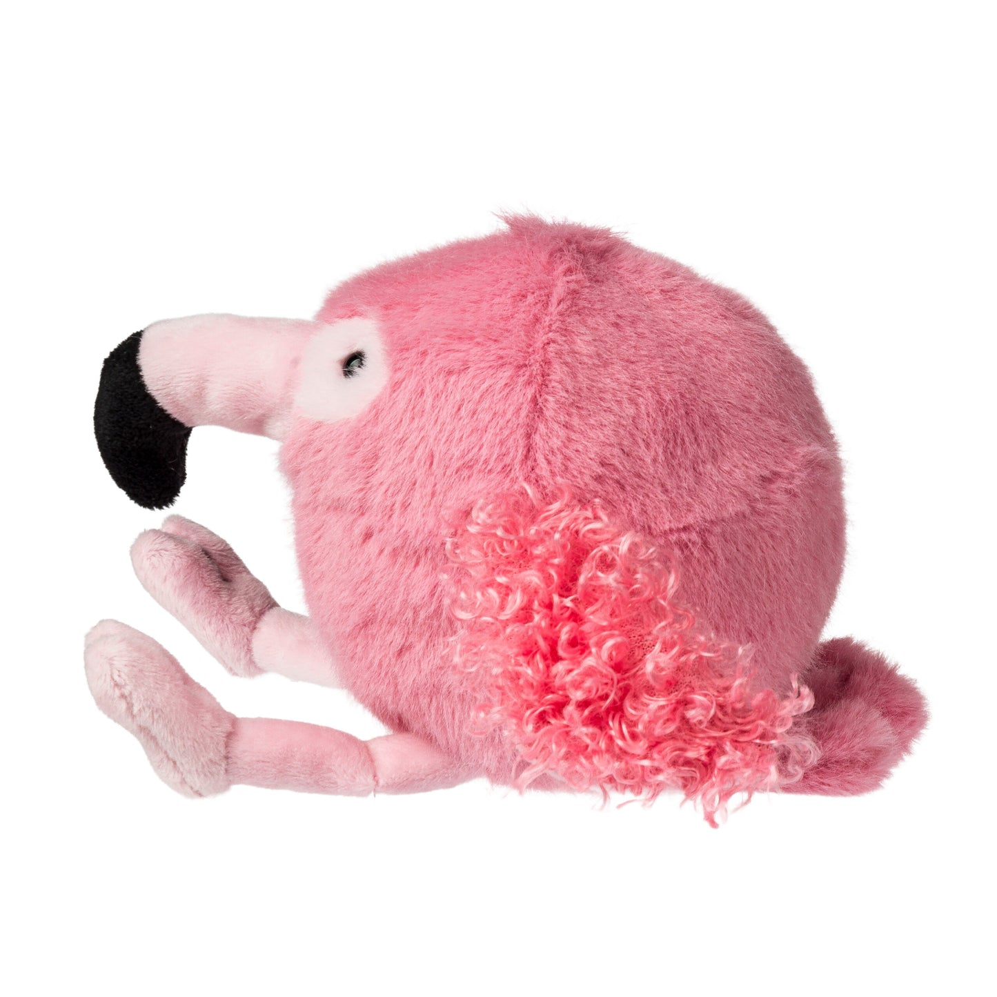 side view of Pink plush flamingo toy on a white background