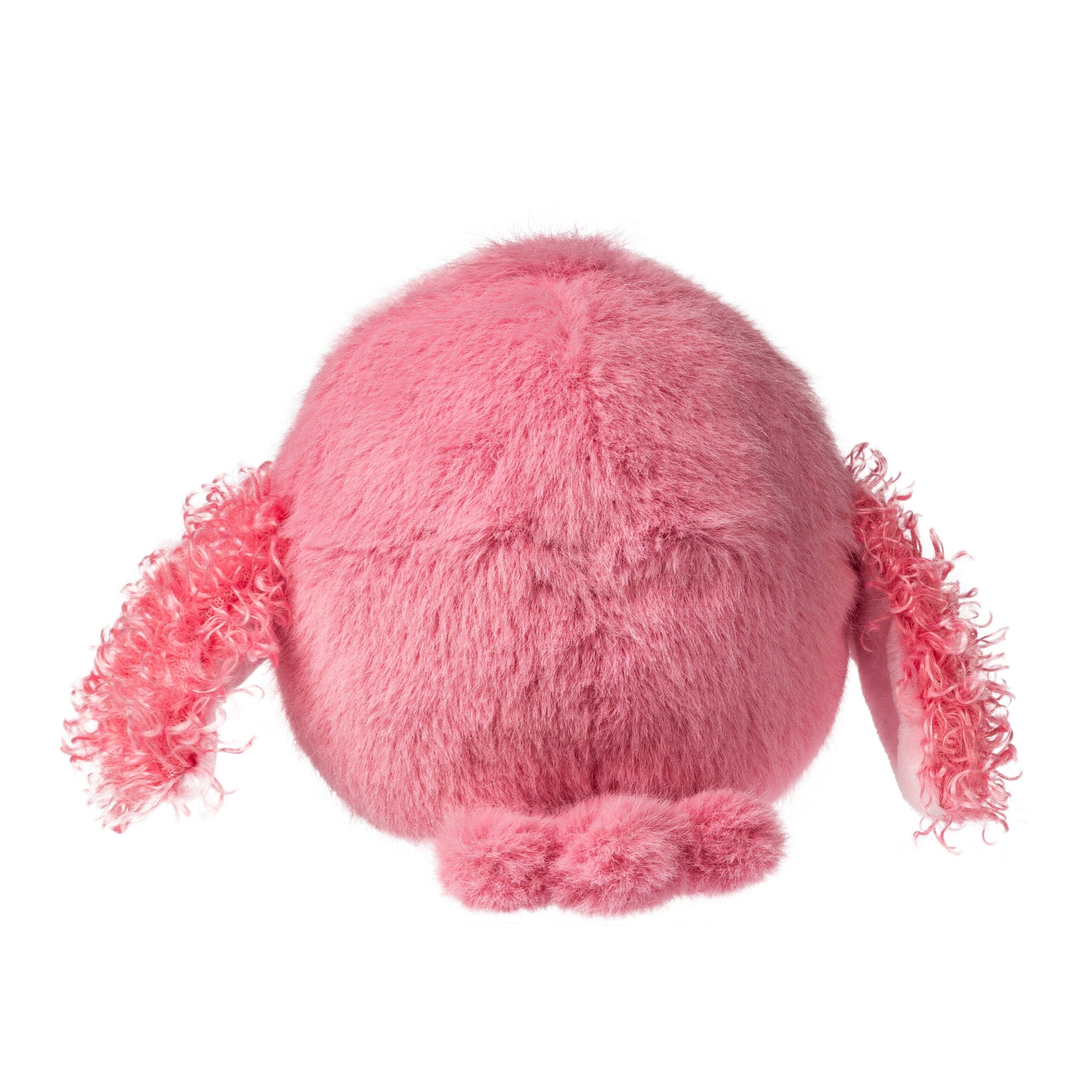 back view of Pink plush flamingo toy on a white background