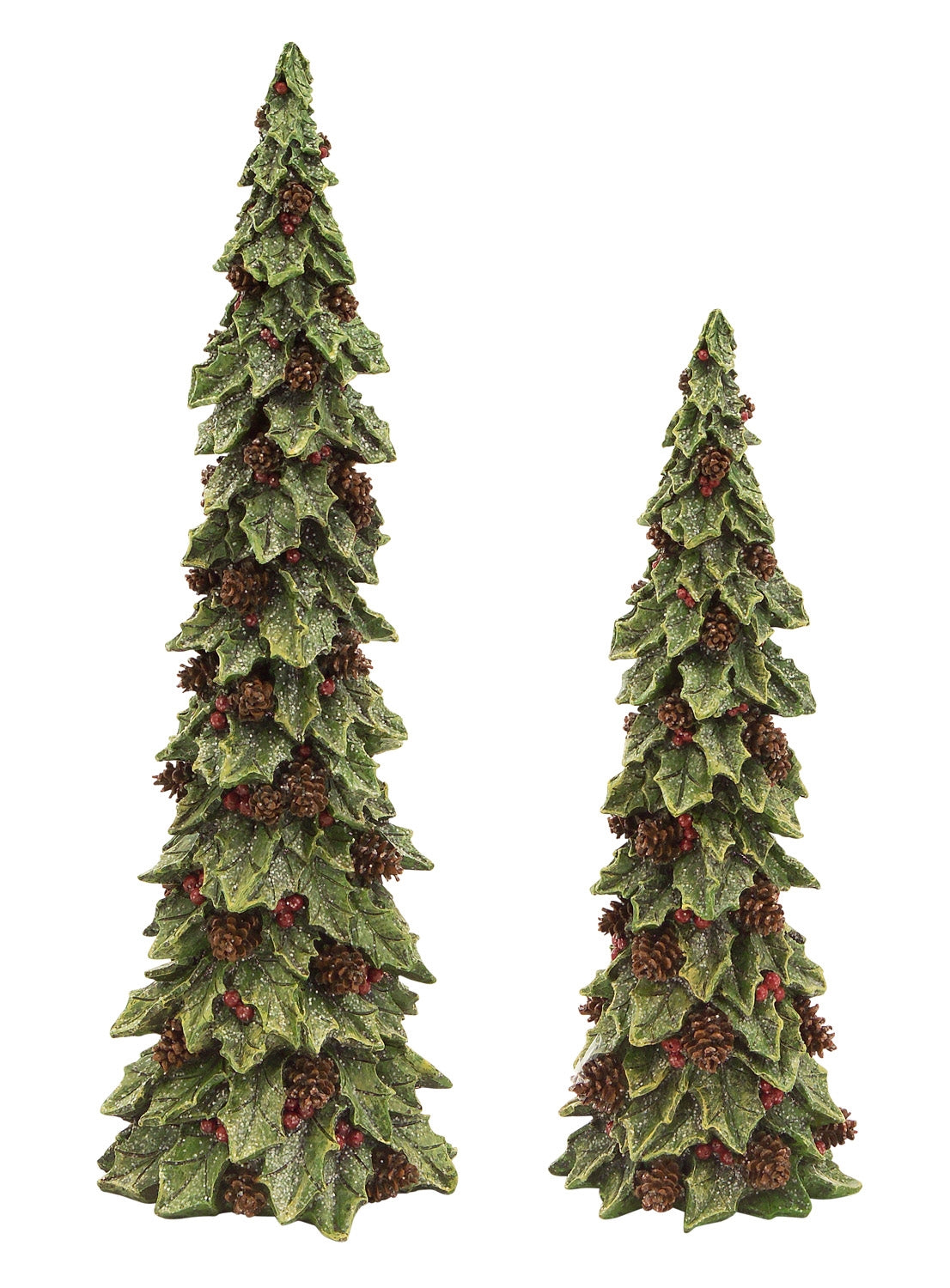 2 sizes of holly trees on a white background.