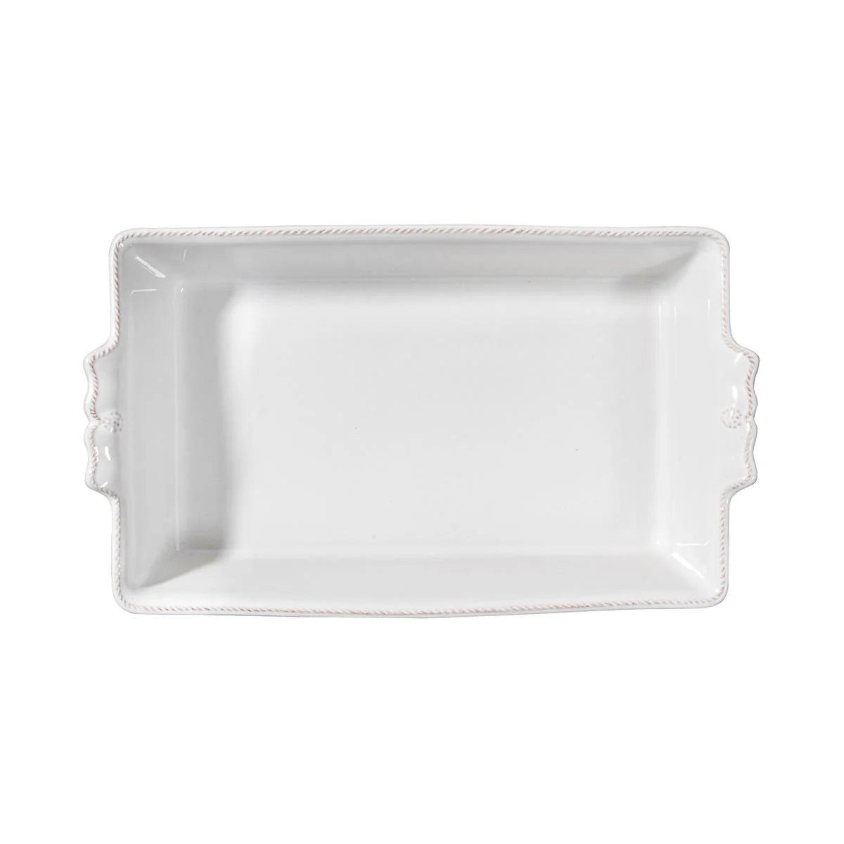 top down view of the berry and thread rectangle baking dish on a white background