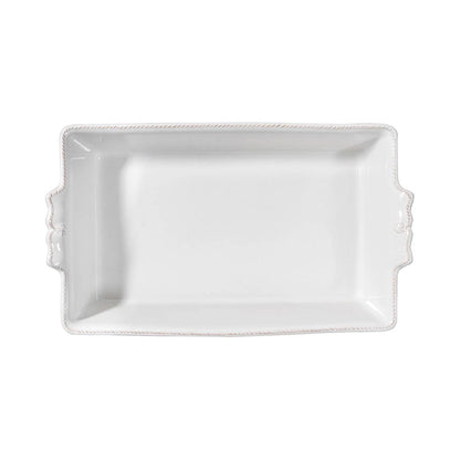 top down view of the berry and thread rectangle baking dish on a white background
