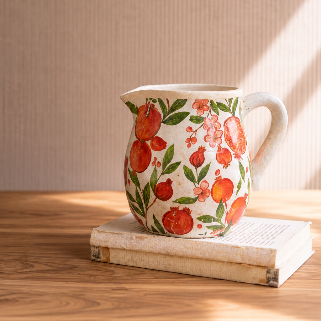 concrete pitcher vase with pomegranate and leaf design set on stack of books on a beige striped background