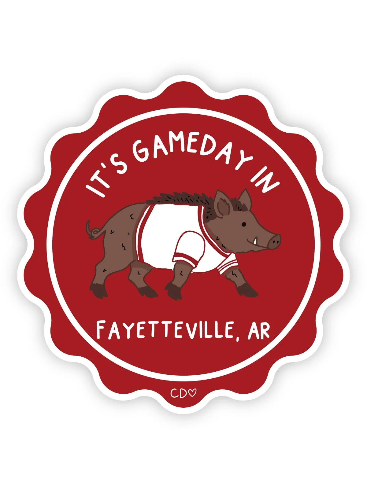 round red sticker with scalloped rim, a razorback wearing a t shirt in the center, and "it's gameday in Fayetteville AR across top and bottom