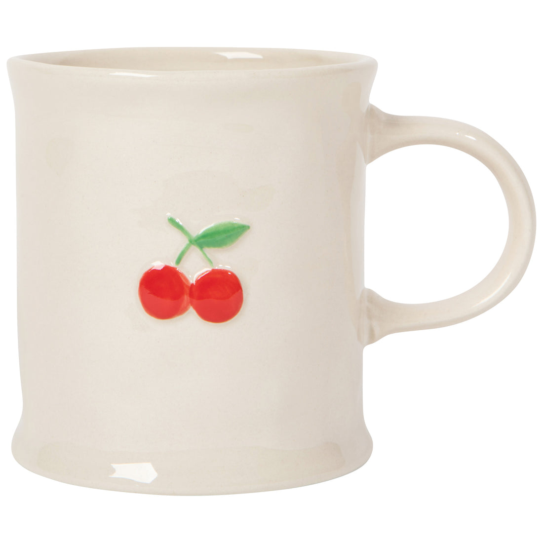 white mug with an embossed red cherries on it