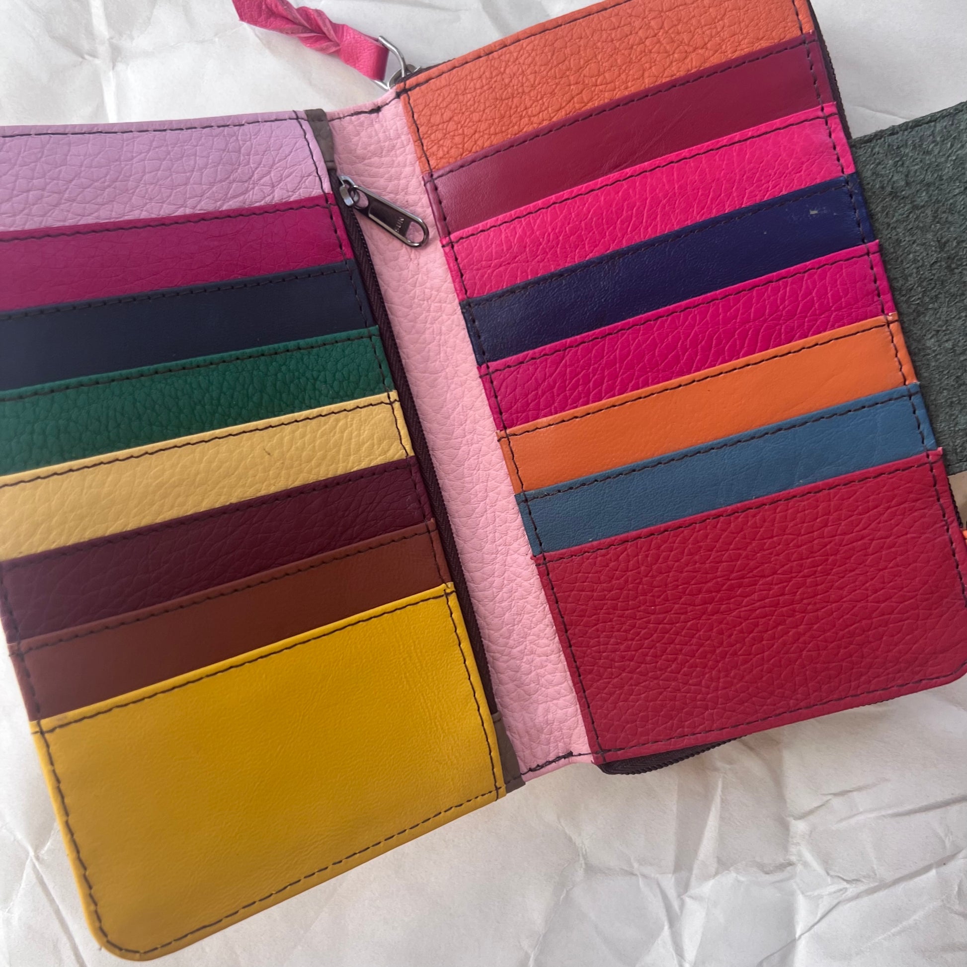 view under yellow Beatrice Clutch magnetic flap showing colorful card slots