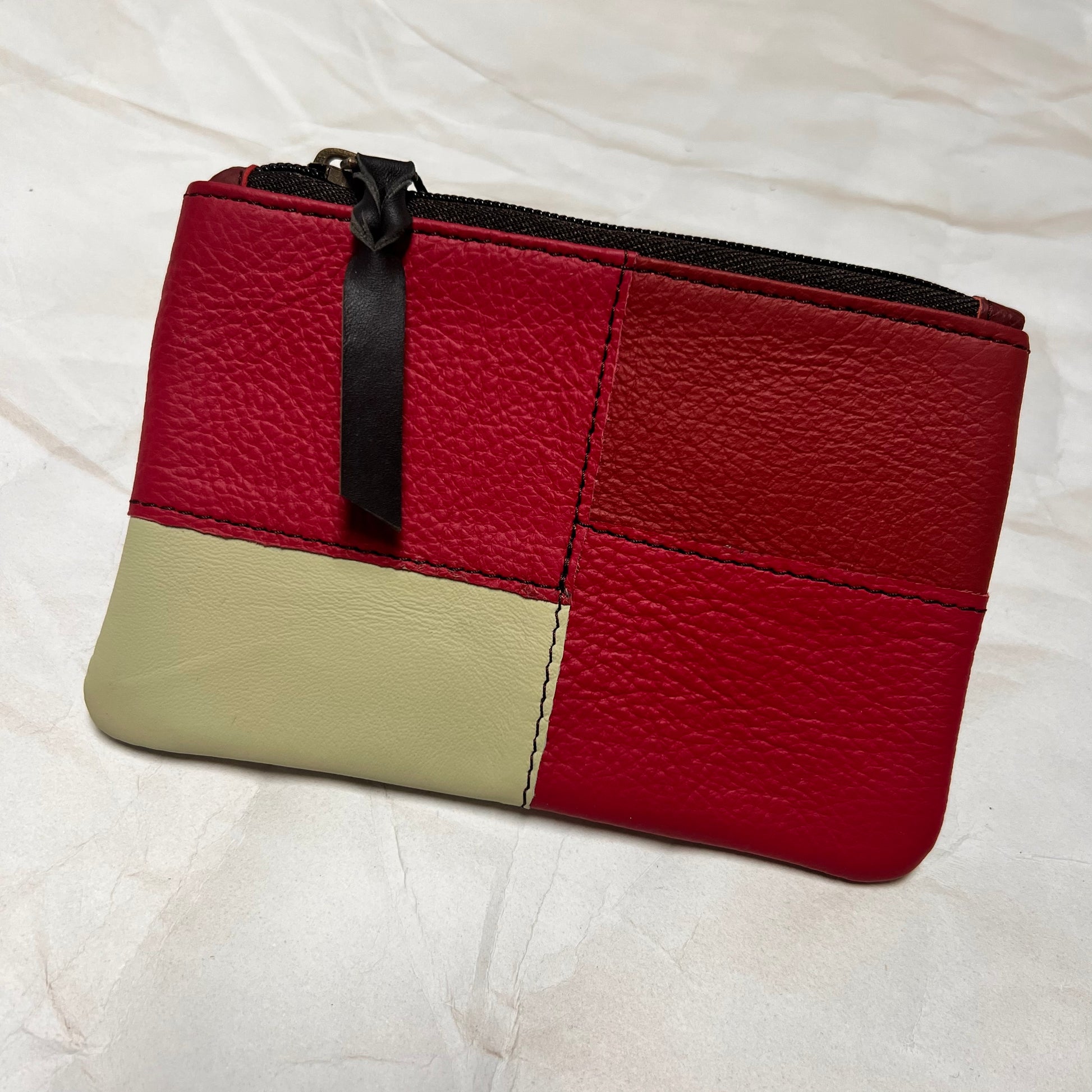 zahra pouch with pink and red patchwork.