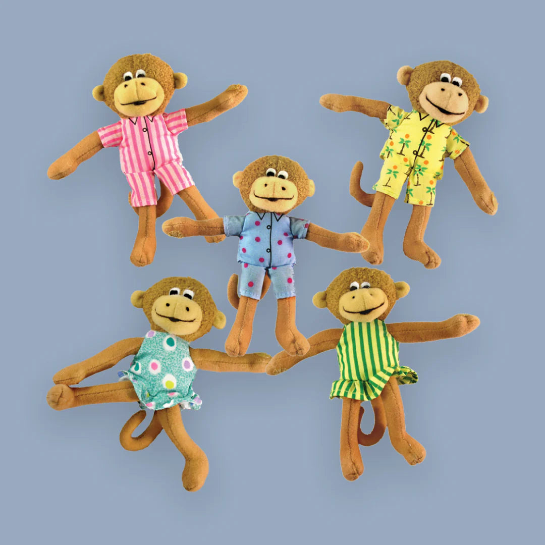all Five Little Monkeys Finger Puppets arranged on a blue background.