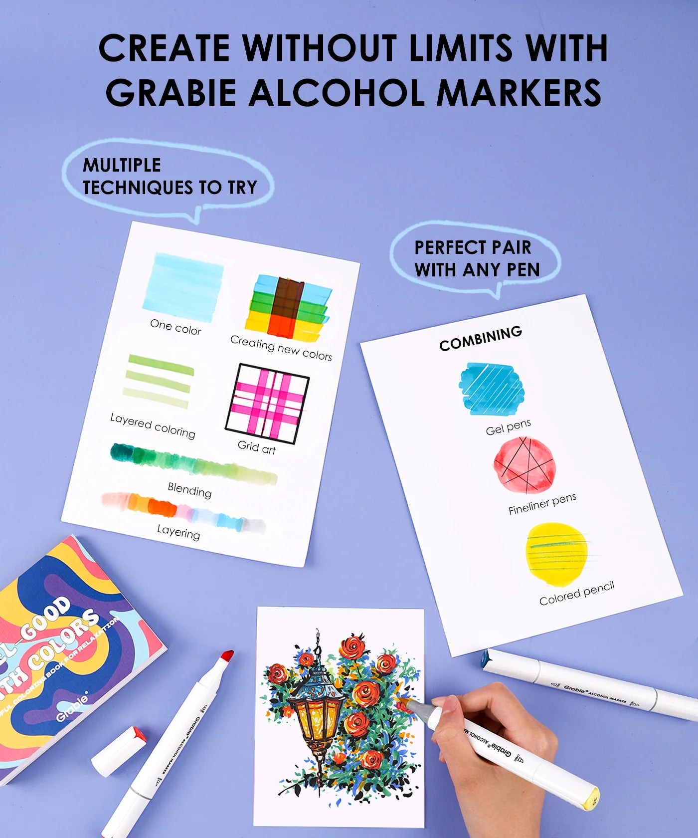  image of Grabie alcohol markers with color samples and text on a blue background