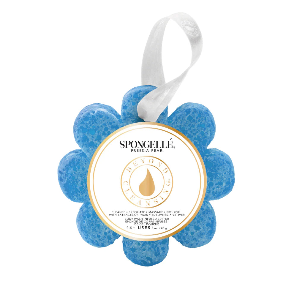 Blue sponge with a label on a white background
