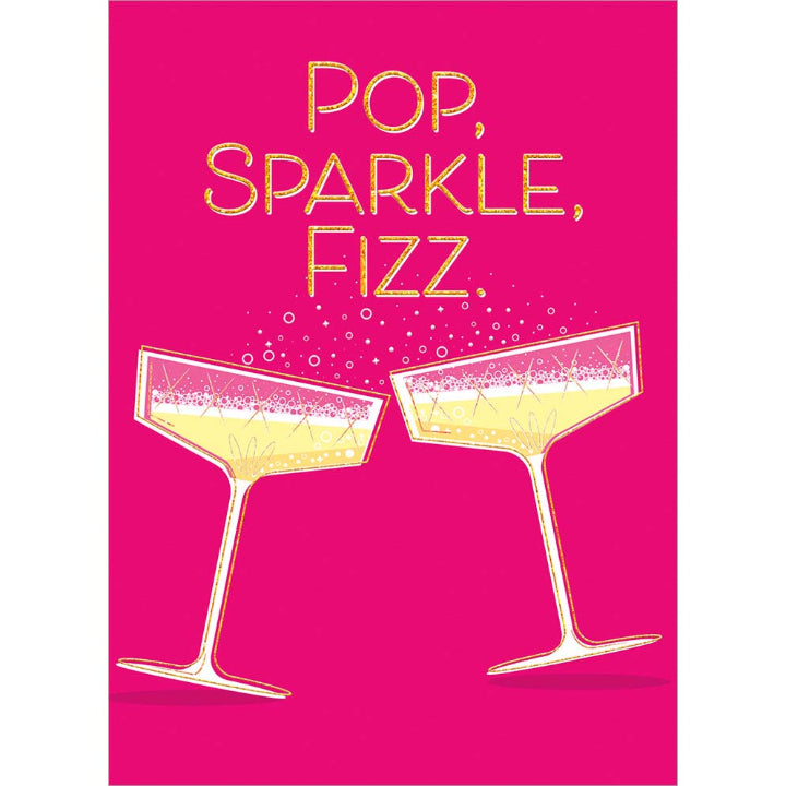 front of card is two martini glasses fizzing on hot pink background