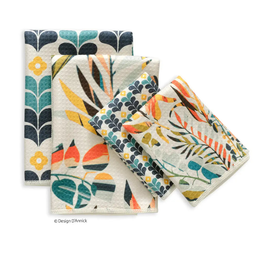 Colorful leaves all purpose towel set, folded and arranged on a white background.