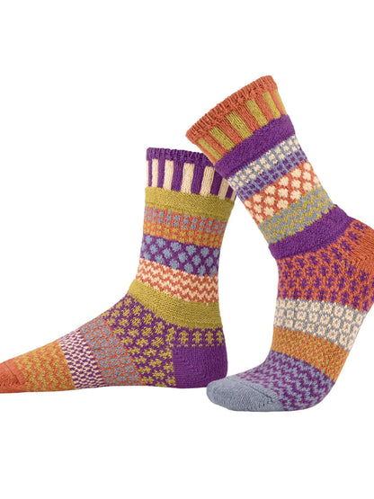 pair of Hazel Crew Socks with similar but mismatched patterns shown on a white background