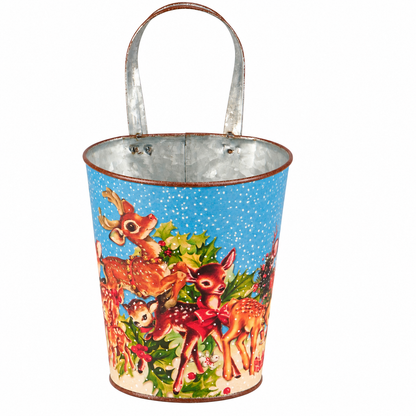 larger metal bucket with blue background, retro style deer and holly design and a loop handle