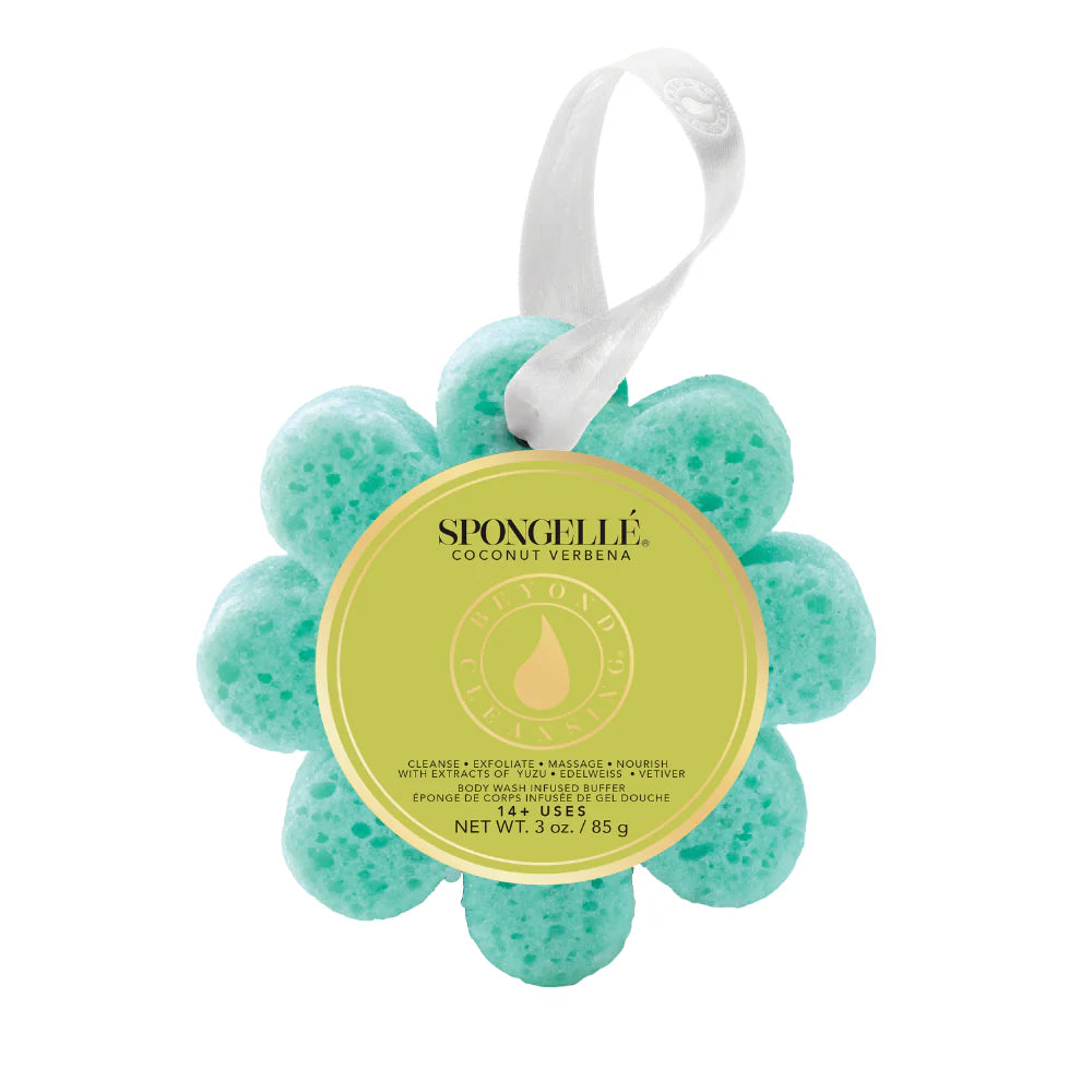 Spongelle bath sponge with a white ribbon on a white background