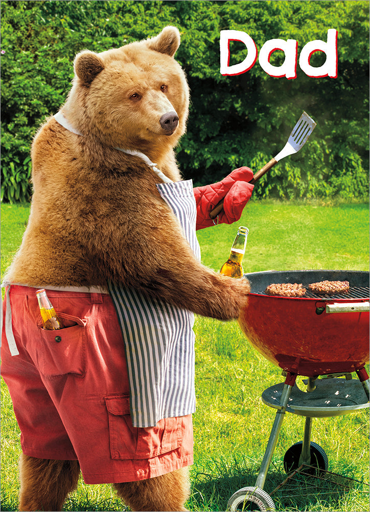 front of card with image of a bear holding a beer and grilling burgers
