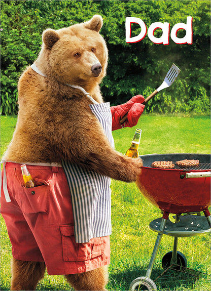 front of card with image of a bear holding a beer and grilling burgers