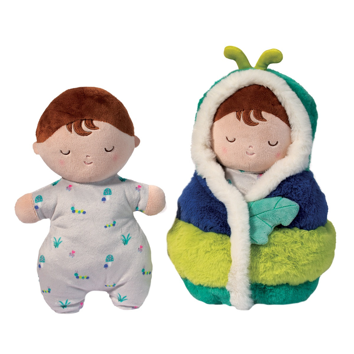 baby caterpillar out side of caterpillar outfit next to the baby in the caterpillar outfit