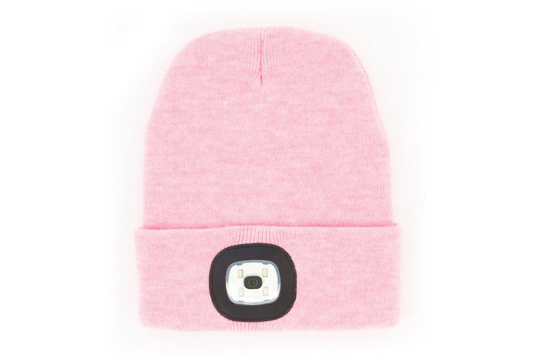 pink women's rechargeable led beanie displayed on a white background