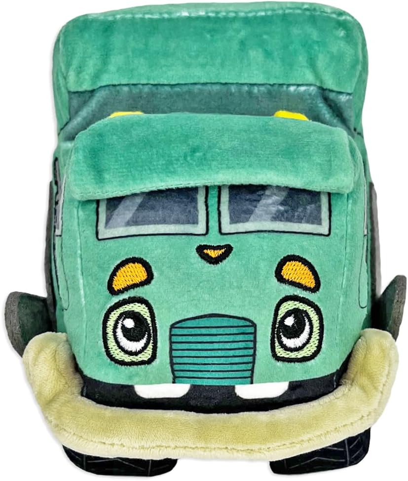 front facing view of trash truck plush toy on a white background
