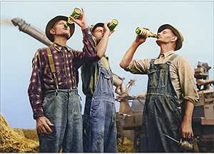 front of card is three men drinking beer bottles standing in front of heavy machinery