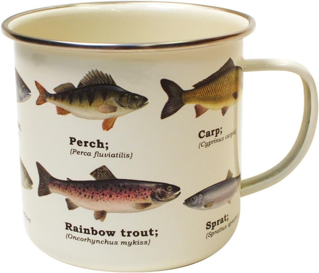 enameled fish mug on a white background.