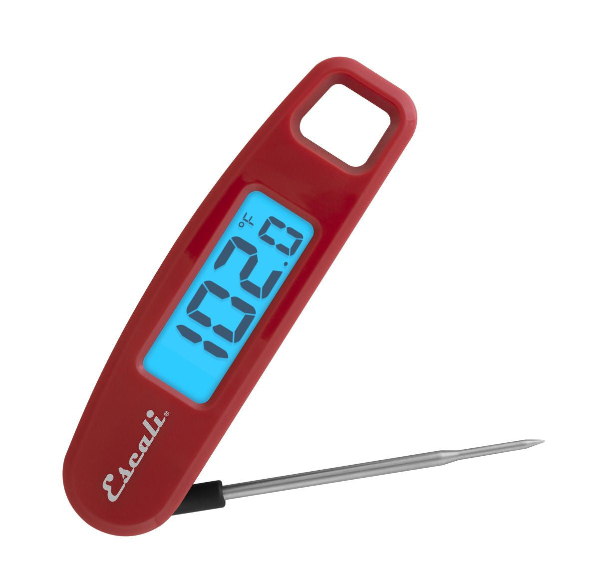 Red digital thermometer with blue display on a white background