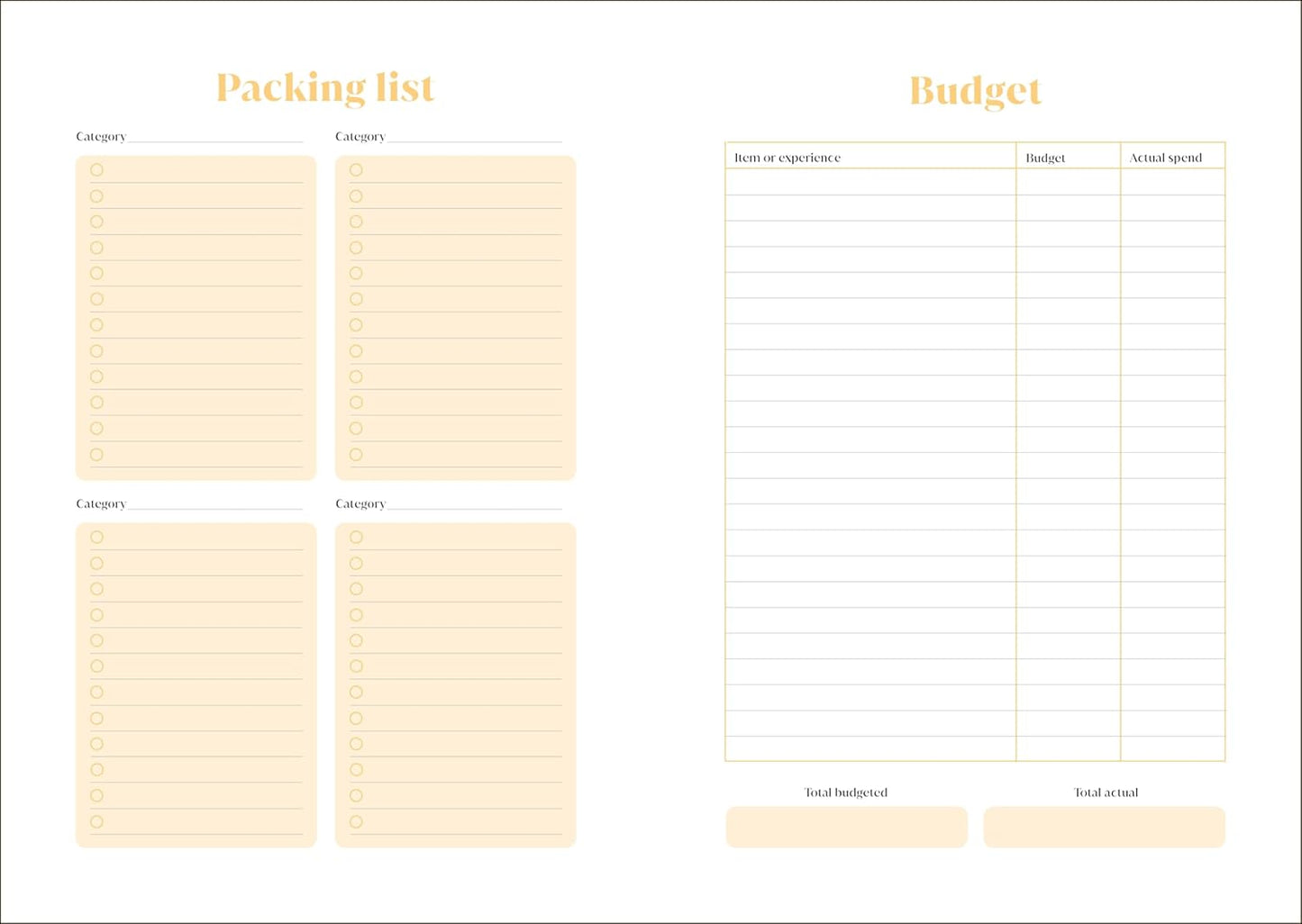 Packing list and budget template on a white background