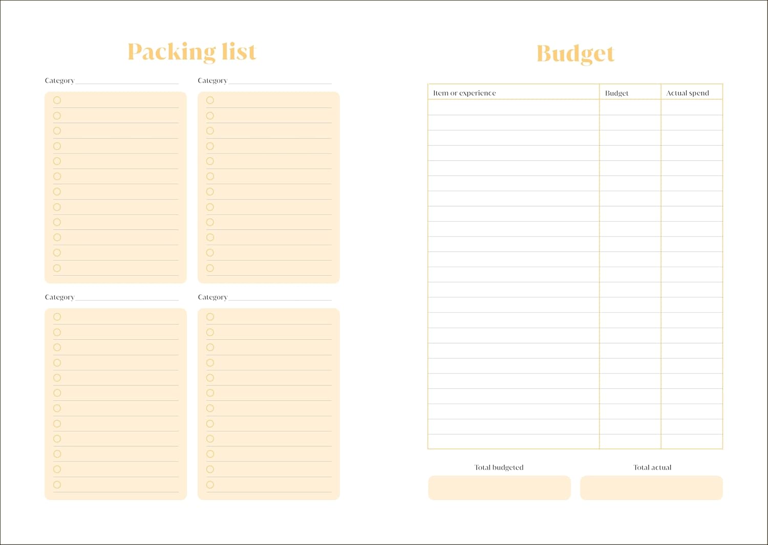 Packing list and budget template on a white background