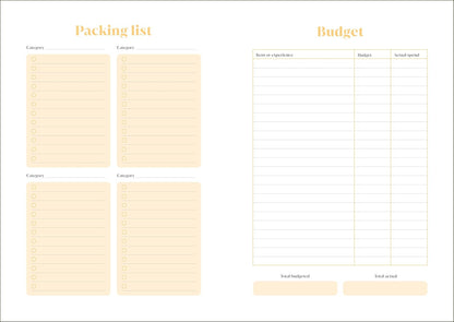 Packing list and budget template on a white background