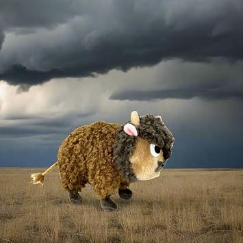 Buffalo Fluffalo Plush Toy side facing view on a stormy plains background
