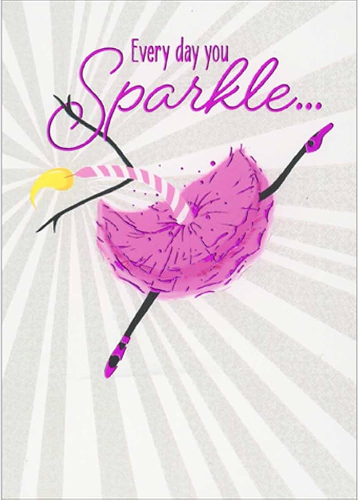 front of card with image of a dancing birthday candle wearing pink tutu