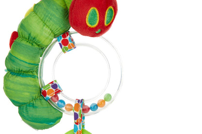 close-up of Eric Carle's The Very Hungry Caterpillar Ring Rattle on a white background.