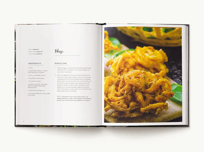 Open cookbook showing a recipe for bhaji with a photograph of the dish on a white background