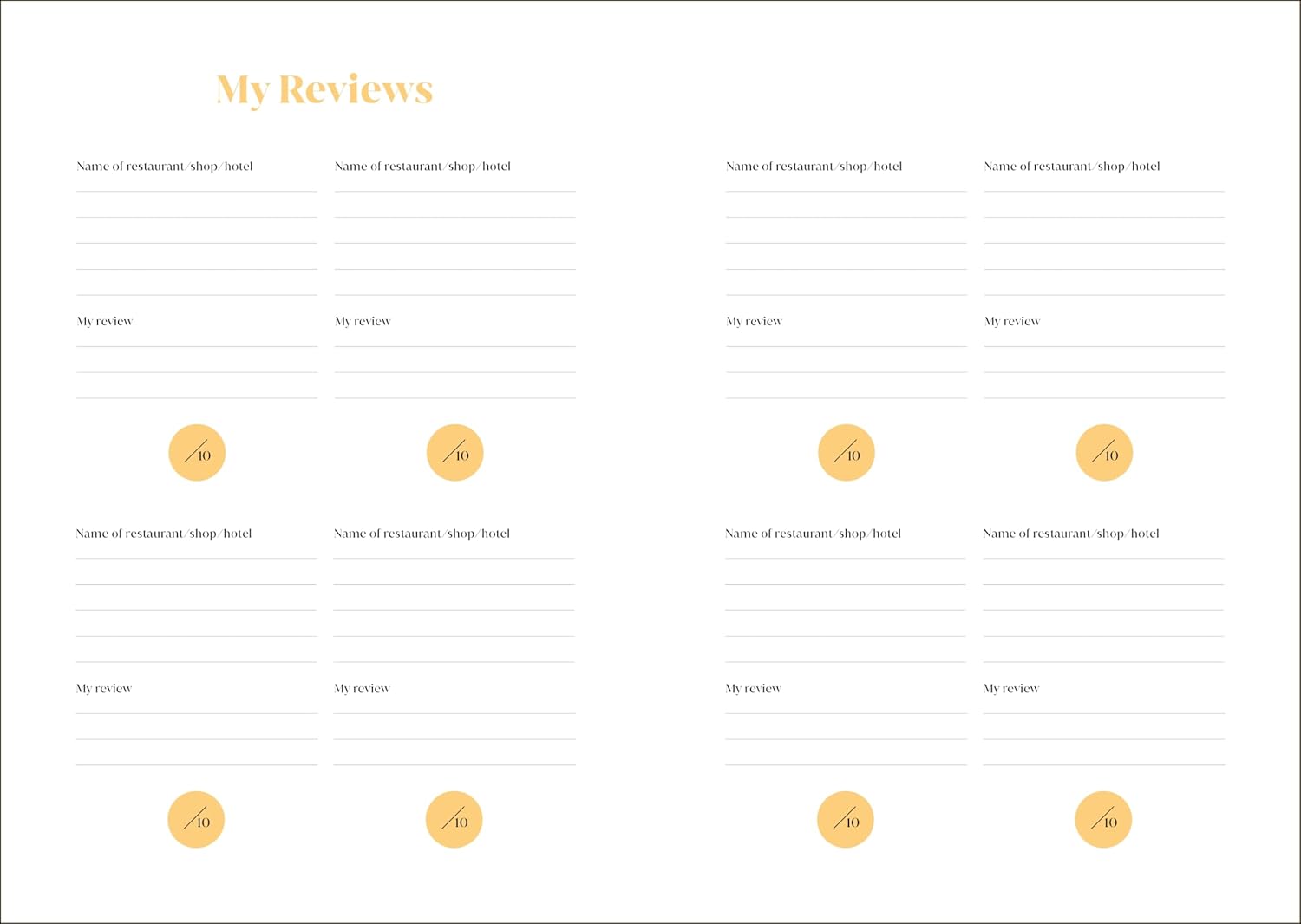 Template for reviews with fields for name, rating, and comments on a white background