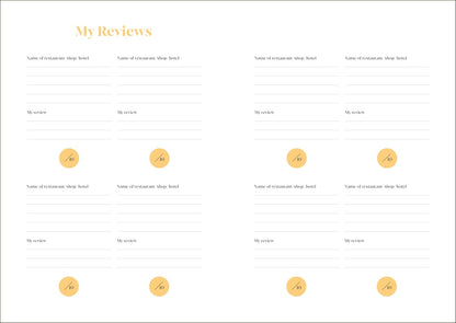 Template for reviews with fields for name, rating, and comments on a white background