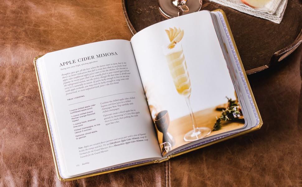 open bubbly book showing recipe for apple cider mimosa.