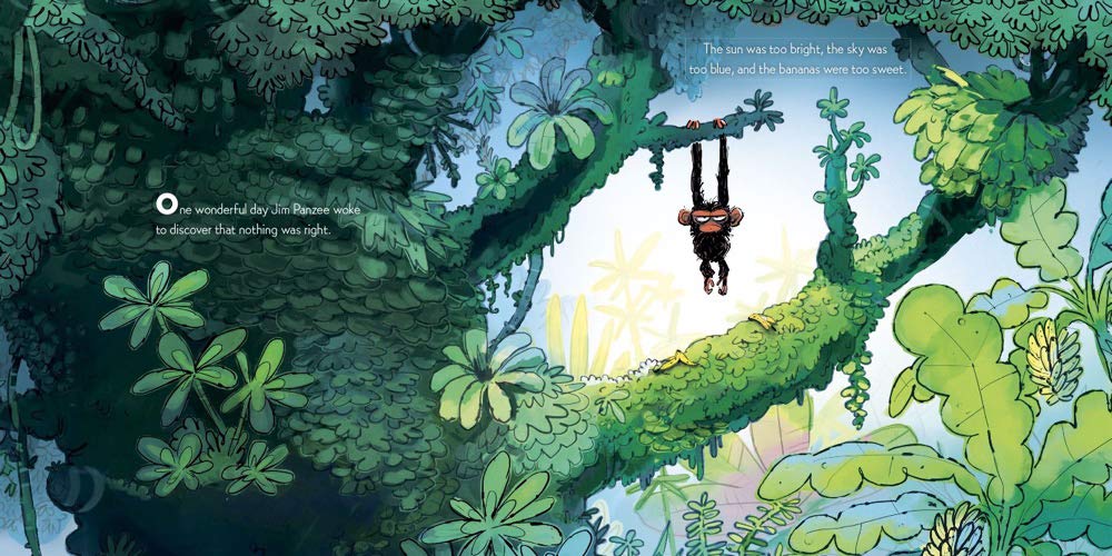 book page showing the grumpy monkey dangling from a tree branch