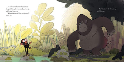 book page showing the grumpy monkey talking to a gorilla