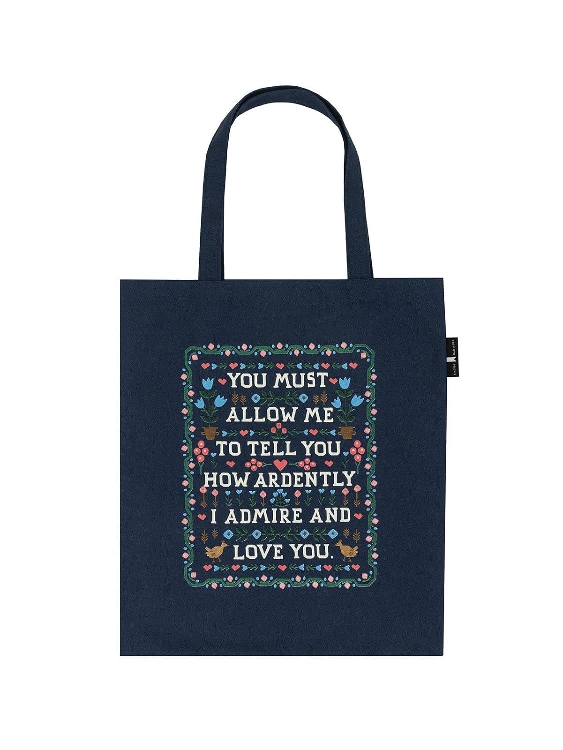 navy tote bag with folk art and quote